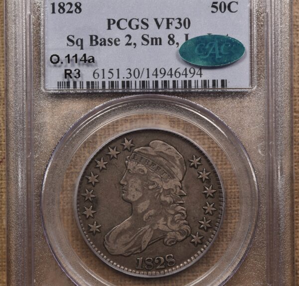 1828 O.114a Square 2 Small 8 Large Letters Capped Bust Half Dollar PCGS VF30 CAC, ex. Brunner - Image 3