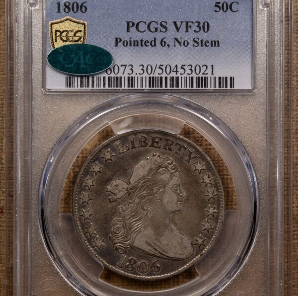 1806 O.109 Pointed 6 No Stem Draped Bust Half Dollar PCGS VF30 CAC - Image 3