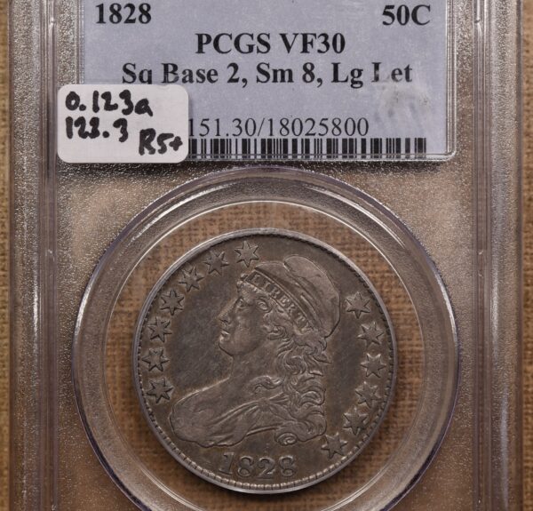 1828 O.123a R5+ Square 2 Small 8 Large Letters Capped Bust Half Dollar PCGS VF30, ex. Brunner - Image 3