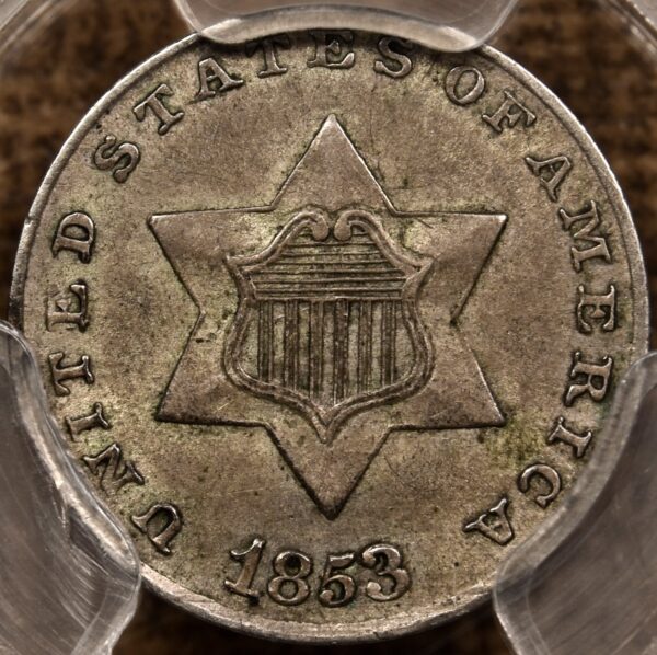 1853 Three Cent Silver PCGS AU55 CAC