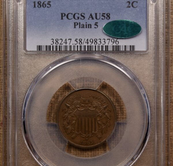 1865 Plain 5 Repunched Date Two Cent Piece PCGS AU58 CAC - Image 4