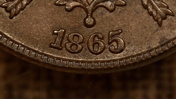 1865 Plain 5 Repunched Date Two Cent Piece PCGS AU58 CAC - Image 3