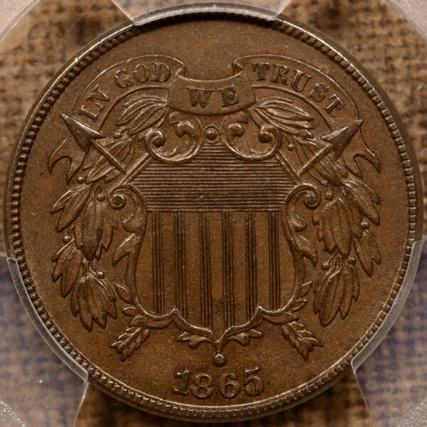 1865 Plain 5 Repunched Date Two Cent Piece PCGS AU58 CAC