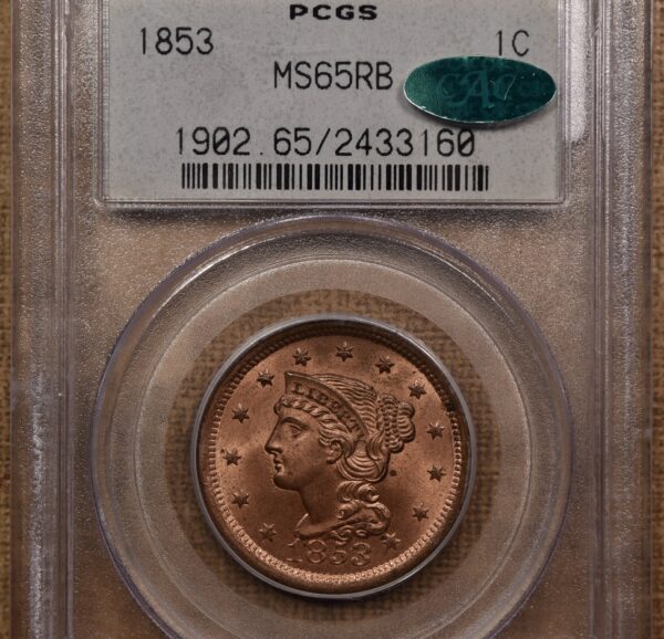 1853 N.25 Braided Hair Cent PCGS MS65 RB OGH CAC - Image 3