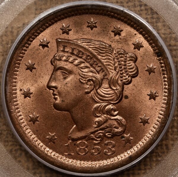 1853 N.25 Braided Hair Cent PCGS MS65 RB OGH CAC