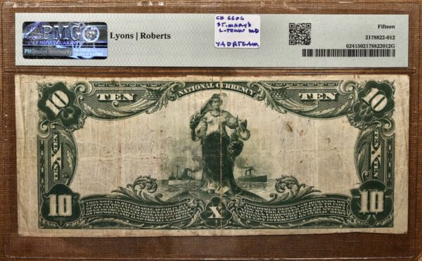 1902 $10 Plain Back National Bank Note, Ch# 6606, Leonardtown, MD, PMG F15 - Image 2