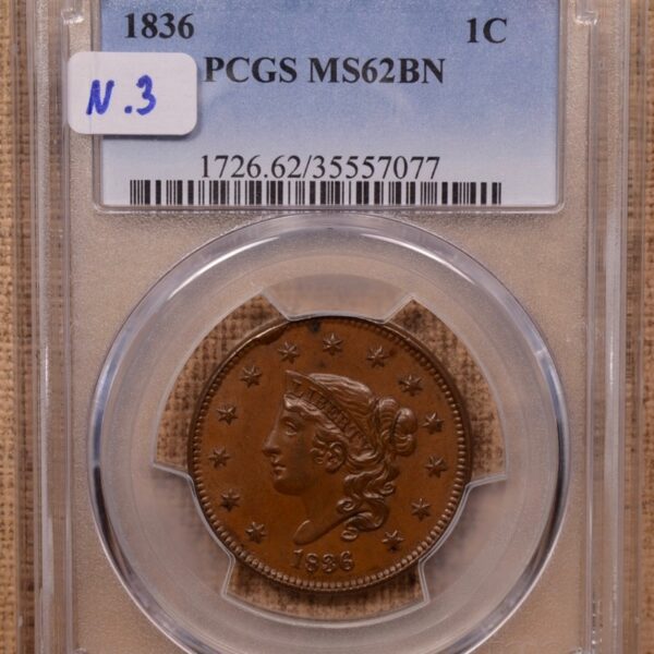 1836 N.3 Coronet Head Cent PCGS MS62 BN - Image 3