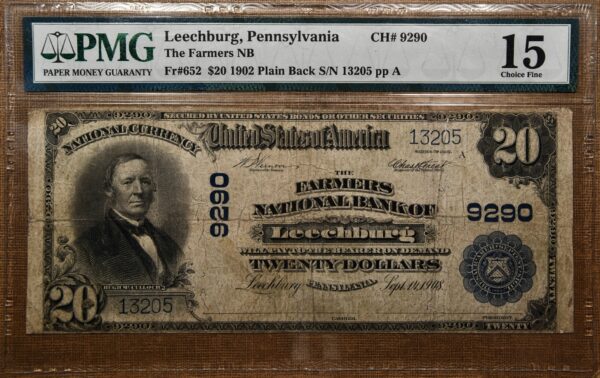 1902 FR#652 Plain Back $20 National Bank Note, Charter #9290, Pennsylvania, The Farmers National Bank of Leechburg, PMG F15