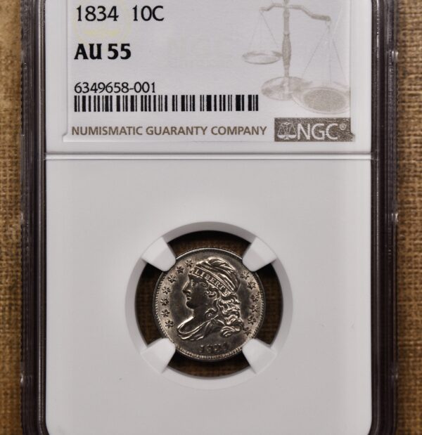 1834 JR-7 Small 4 Capped Bust Dime NGC AU55 - Image 3