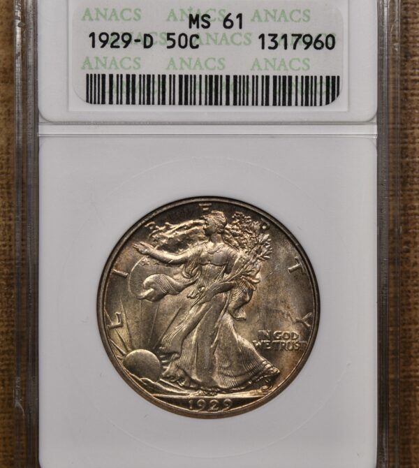 1929-D Walking Liberty Half Dollar old ANACS MS61, I grade 62...and NICE! - Image 3