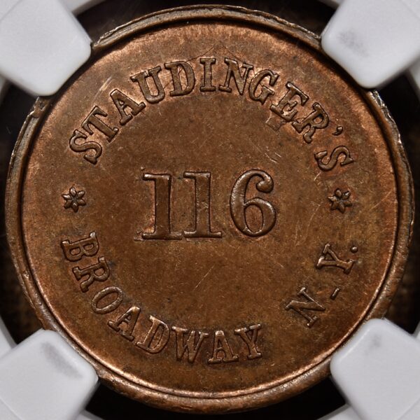 1863 Civil War Store Card, New York, NY, Staudinger's F-630BS-1a NGC MS65 BN