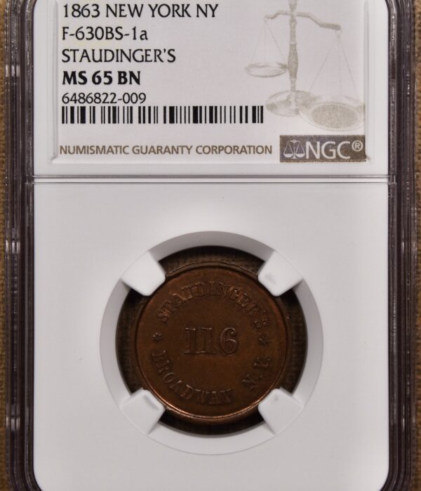 1863 Civil War Store Card, New York, NY, Staudinger's F-630BS-1a NGC MS65 BN - Image 3