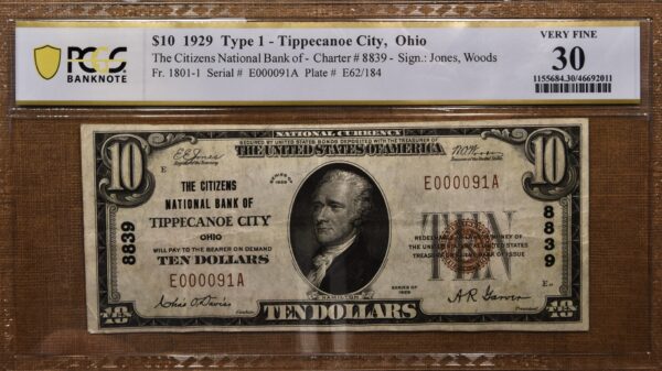 1929 $10 Type 1 National, Tippacanoe City, OH Ch# 8839, PCGS Banknote VF30