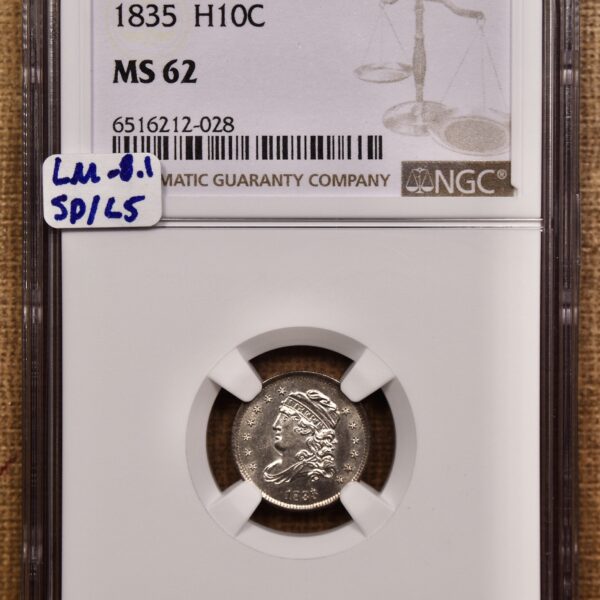 1835 LM-8.1 Small Date Large 5 Capped Bust Half Dime NGC MS62, ex B&R 1979 - Image 3