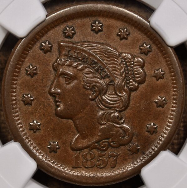 1857 N.1 Large Date Braided Hair Large Cent NGC AU58 BN