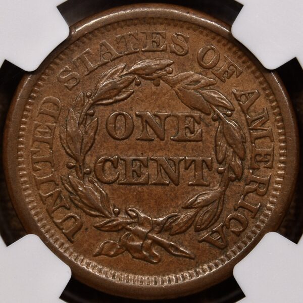 1857 N.1 Large Date Braided Hair Large Cent NGC AU58 BN - Image 2