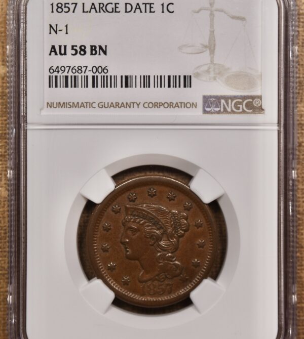 1857 N.1 Large Date Braided Hair Large Cent NGC AU58 BN - Image 3