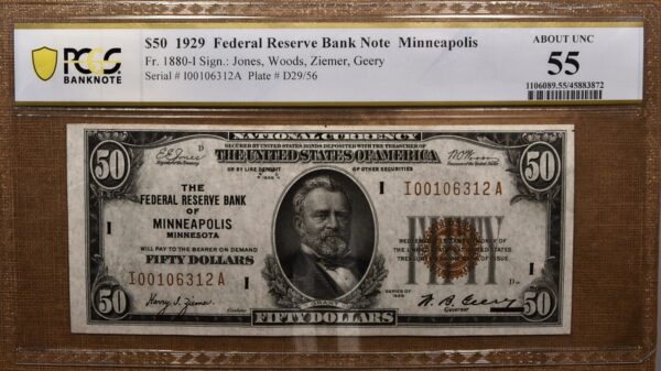 1929 $50 Federal Reserve Note Minneapolis Fr# 1880-I PCGS Banknote AU55