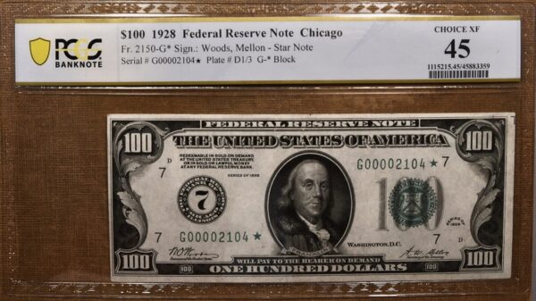 1928 $100 Federal Reserve Star Note Chicago Fr-2150-G* PCGS Banknote XF45