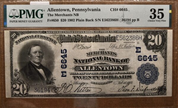 1902 $20 Plain Back, The Merchants National Bank of, Allentown, PA Ch# 6645 PMG 35