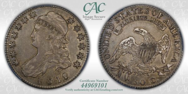 1818/7 O.102 50C Small 8 Capped Bust Half Dollar CACG XF40 - Image 5