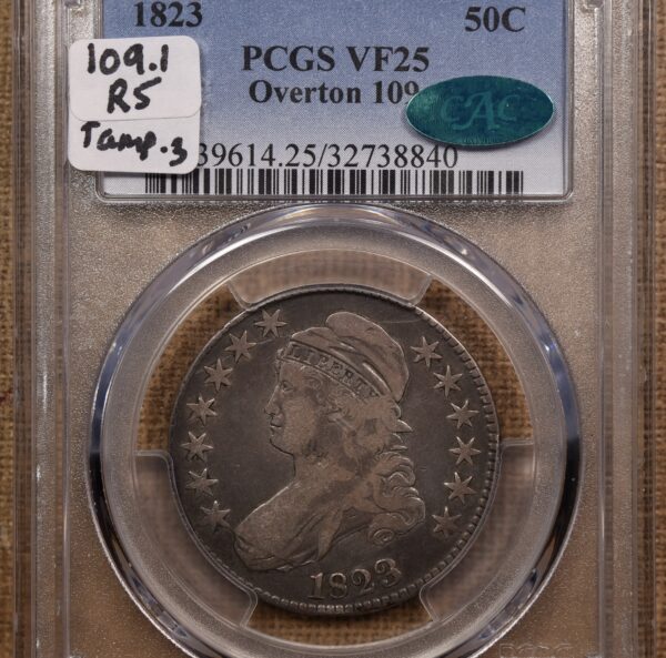 1823 O.109 R5 Capped Bust Half Dollar PCGS VF25 CAC, ex. Brunner - Image 3