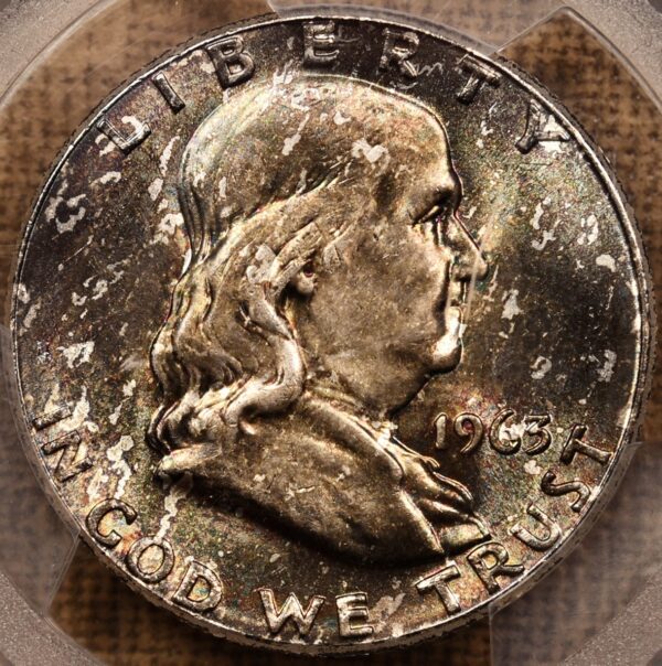 1963 Franklin Half Dollar PCGS MS64 CAC, fabulous Obv tone...unusual!