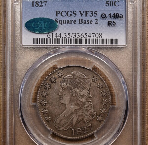 1827 O.140a R5 Square Base 2 Capped Bust Half Dollar PCGS VF35 CAC, ex. Brunner - Image 3