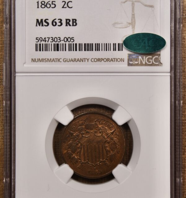 1865 Two Cent Piece NGC MS63 RB CAC - Image 3