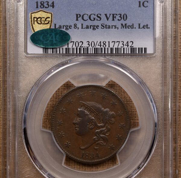 1834 N.5 R5 Large 8 Large Stars Medium Letters Coronet Head Cent PCGS VF30 CAC - Image 3