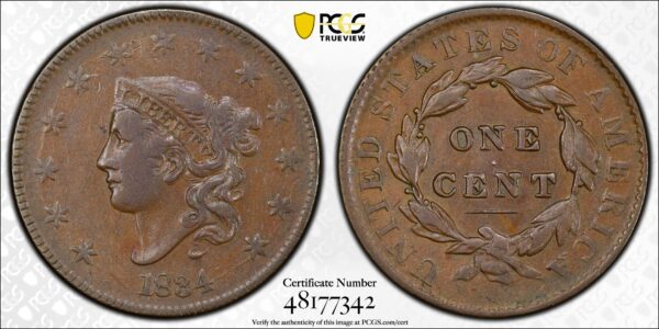 1834 N.5 R5 Large 8 Large Stars Medium Letters Coronet Head Cent PCGS VF30 CAC - Image 4