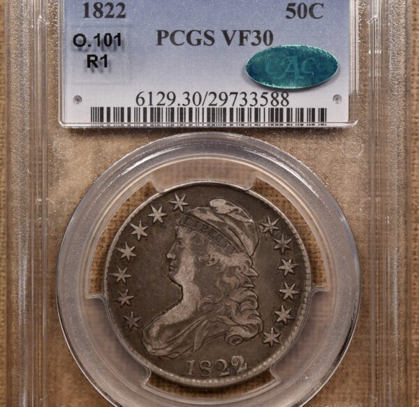 1822/1 O.101 Capped Bust Half Dollar PCGS VF30 CAC, ex. Brunner - Image 3