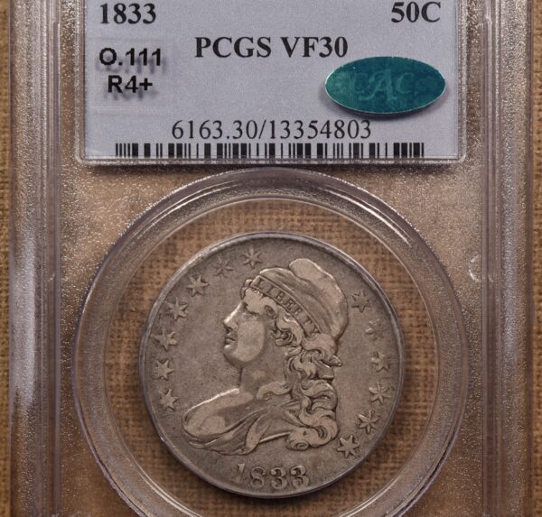 1833 O.111 R4+ Capped Bust Half Dollar PCGS VF30 CAC, ex. Brunner - Image 3