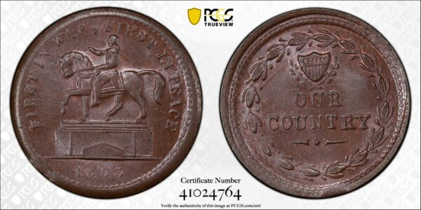 1863 F-175/232a R5 Civil War Patriotic Token, First in War, First in Peace, PCGS MS65 BN - Image 4