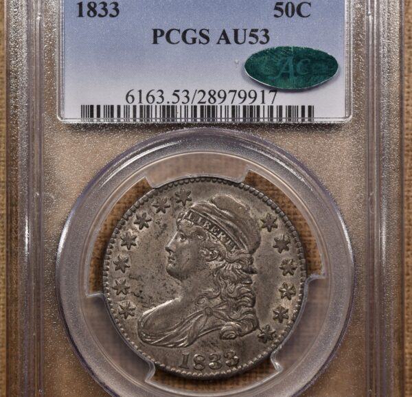 1833 O.105 Capped Bust Half Dollar PCGS AU53 CAC Lg/Sm S - Image 3