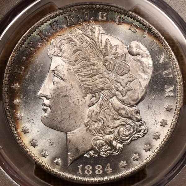 1884-O Morgan Dollar PCGS MS64, bag toning crescent obverse