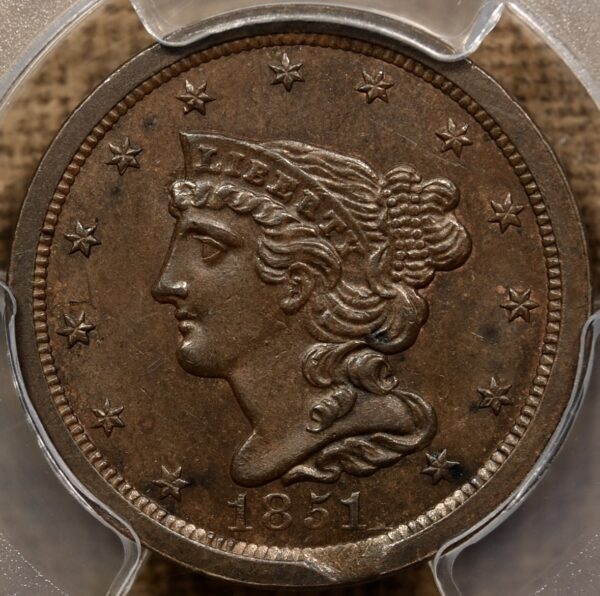 1851 Braided Hair Half Cent PCGS MS62 BN, minor incomplete planchet