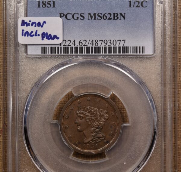 1851 Braided Hair Half Cent PCGS MS62 BN, minor incomplete planchet - Image 3