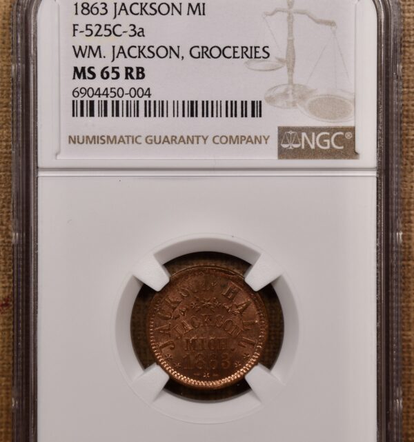 1863 Civil War Store Card F-525C-3a Jackson, MI, William Jackson, Groceries NGC MS65 RB - Image 3