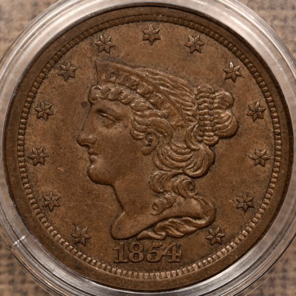 1854 Braided Hair Half Cent PCGS MS62 BN OGH