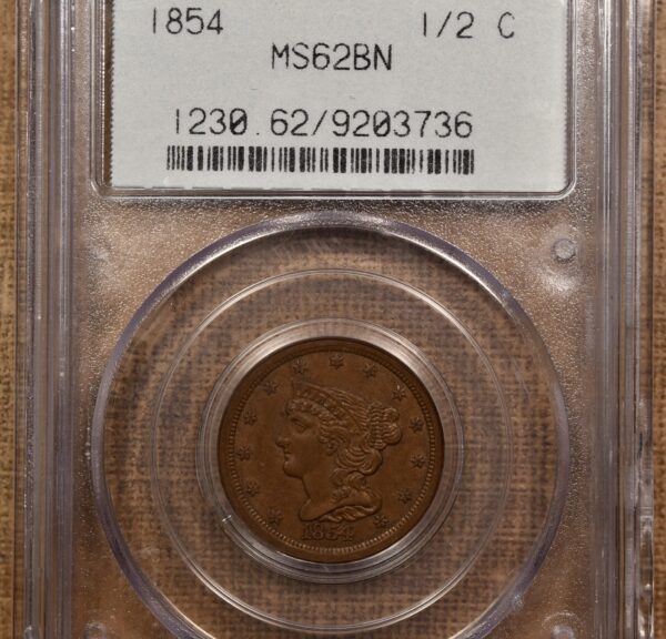 1854 Braided Hair Half Cent PCGS MS62 BN OGH - Image 3