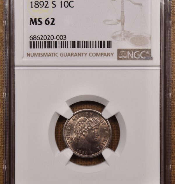 1892-S Barber Dime NGC MS62, ex PCGS 62 - Image 3