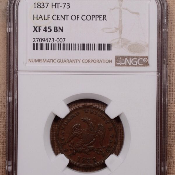 1837 HT-73 L-49 Hard Times Token HALF CENT OF COPPER NGC XF45BN - Image 3