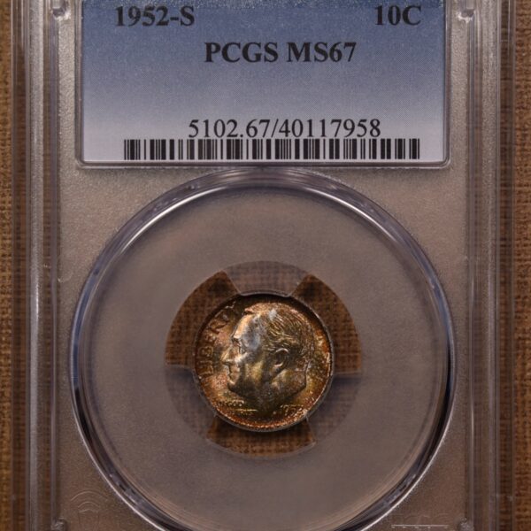 1952-S Roosevelt Dime PCGS MS67, Mint Set toning - Image 3