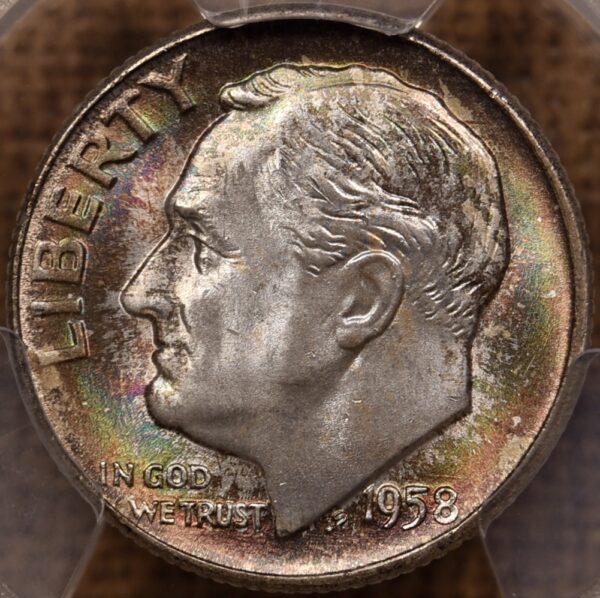 1958-D Roosevelt Dime PCGS MS66 FB, Mint Set toning