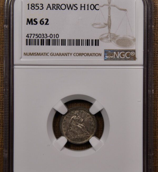 1853 Arrows Seated Half Dime NGC MS62 - Image 3