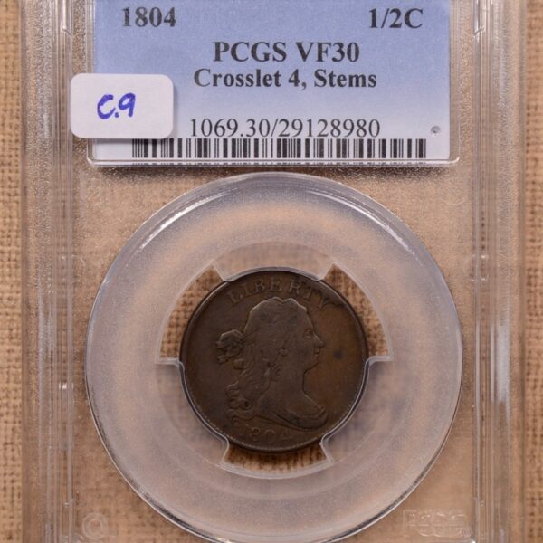 1804 C.9 Manley 4.0 Crosslet 4, Stems Draped Bust Half Cent PCGS VF30BN - Image 3