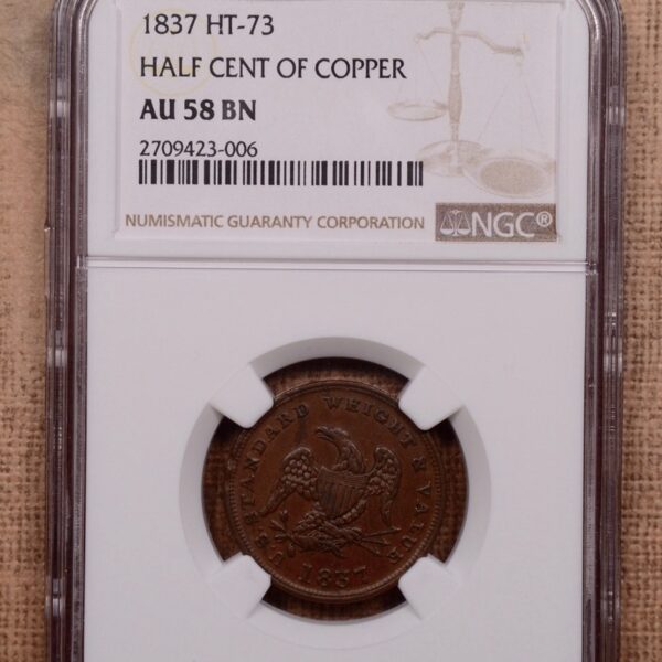 1837 HT-73 L-49 Hard Times Token HALF CENT OF COPPER NGC AU58 BN - Image 3