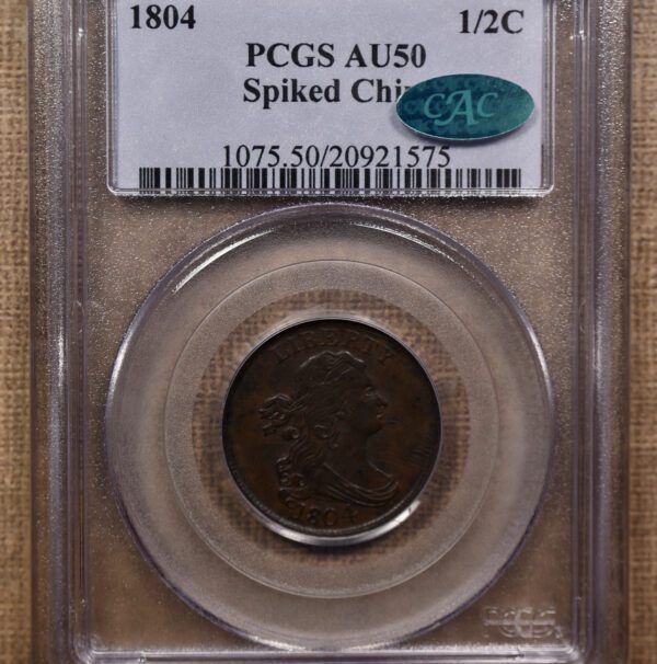 1804 C.8 Spiked Chin Draped Bust Half Cent PCGS AU50 CAC - Image 3