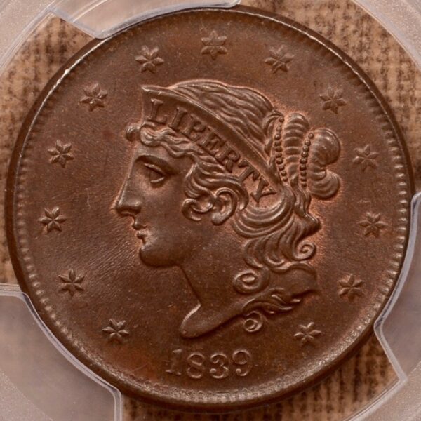 1839 N.13 Booby Head Coronet Head Cent PCGS MS65BN (CAC)